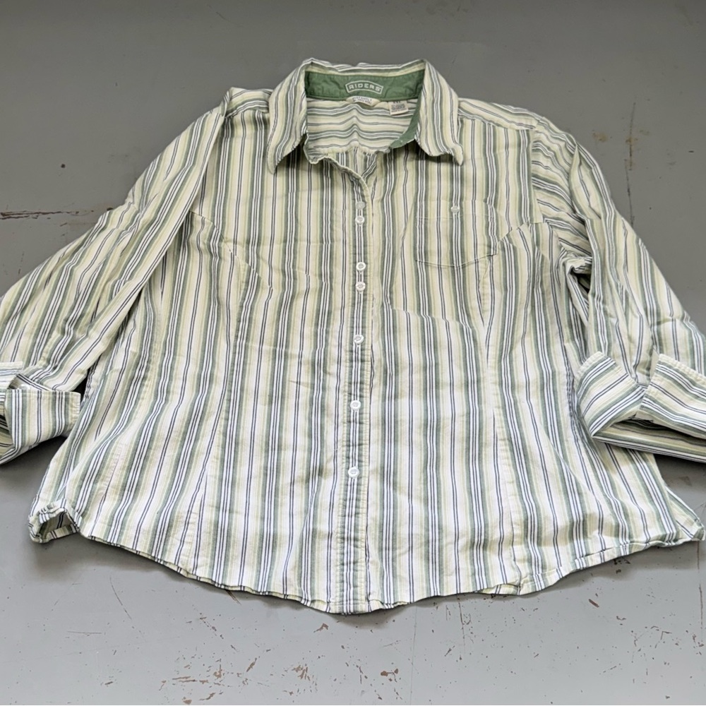 Riders Women’s Plus Size Casual Striped Button-Down Shirt - Green/White XXL